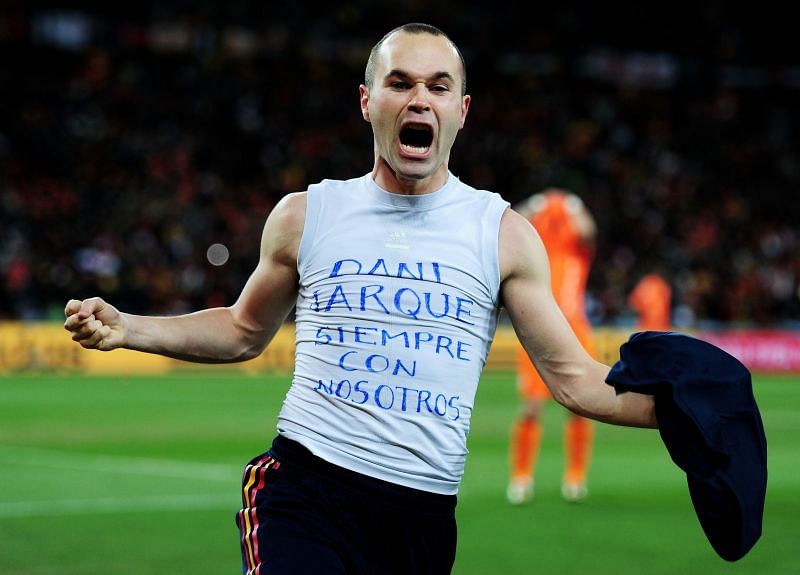Iniesta wheels away after scoring Spain's winner in the 2010 FIFA World Cup